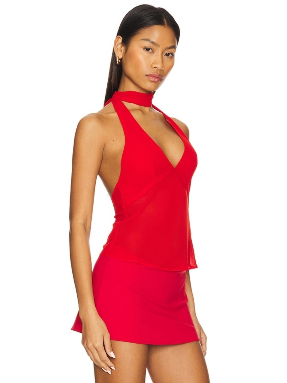 MAJORELLE Kelly Halter Top XS Sheer Chiffon Deep V Open Back Tie Neck Blouse Red